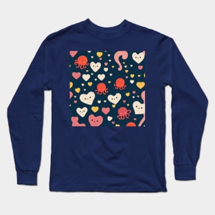 Hearts and Octopuses Swimming In The Sea - Super Cute Colorful Cephalopod Pattern Long Sleeve T-Shirt